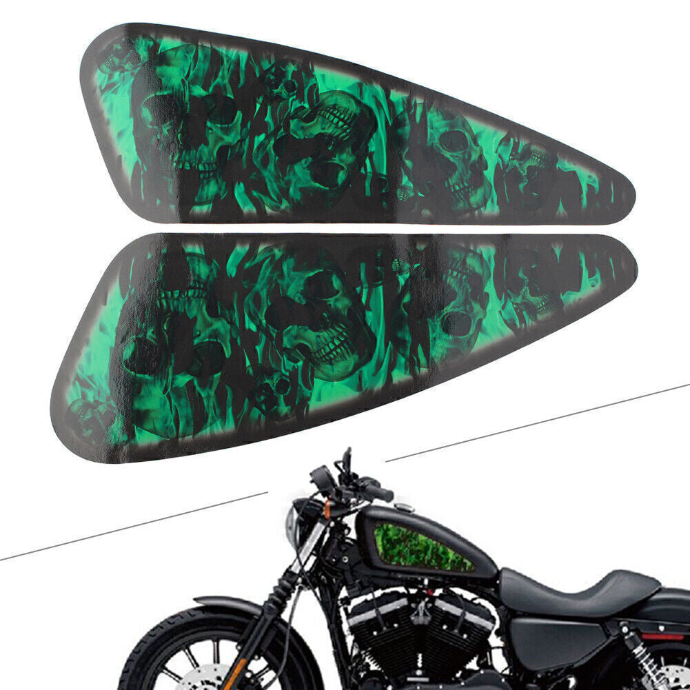 2Pcs Green Skull Motorcycle Decals Fuel Gas Tank Stickers for Harley XL883 1200
