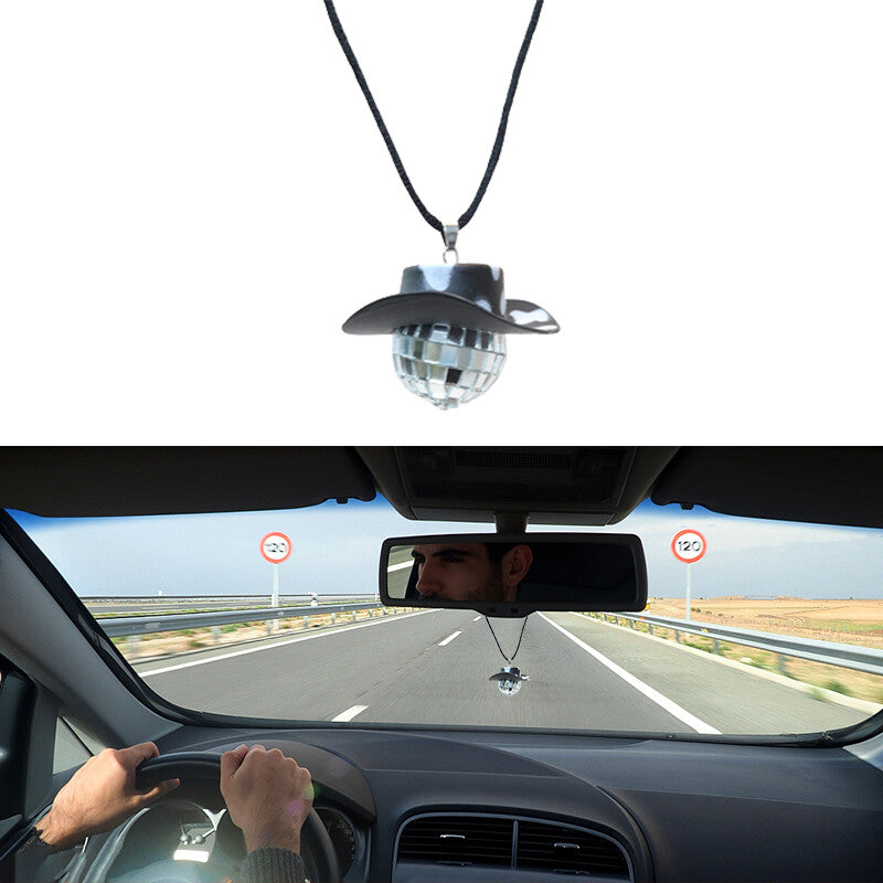 Cowboy Hat Disco Ball Car Ornamen Rearview Mirror Hanging Acessory Rope Cow Blk