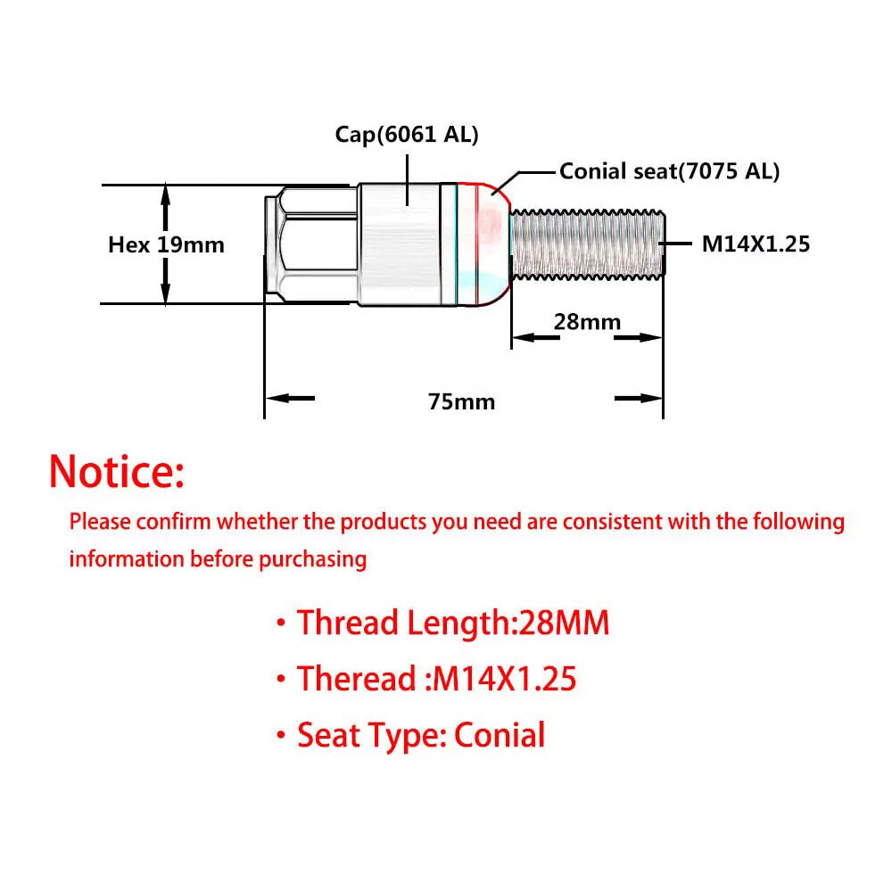 20PC 28mm M14x1.25 Wheel Lug Bolt Cone for Seat Stud Set for Most Aftermarket Silver