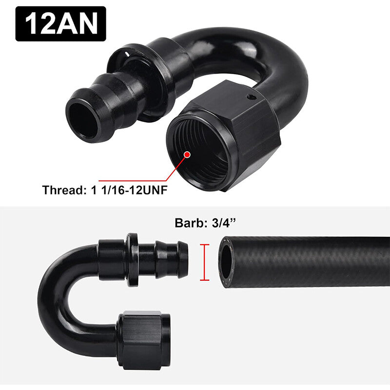12AN AN12 90 Degree Push-On Hose End Fittings/Adapters Push Lock Barb Black