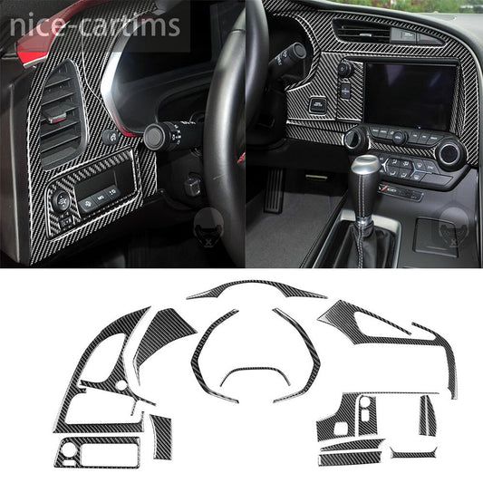 16Pcs for Corvette C7 2014-19 Carbon Fiber Full Kit Dashboard Interior Trim Set