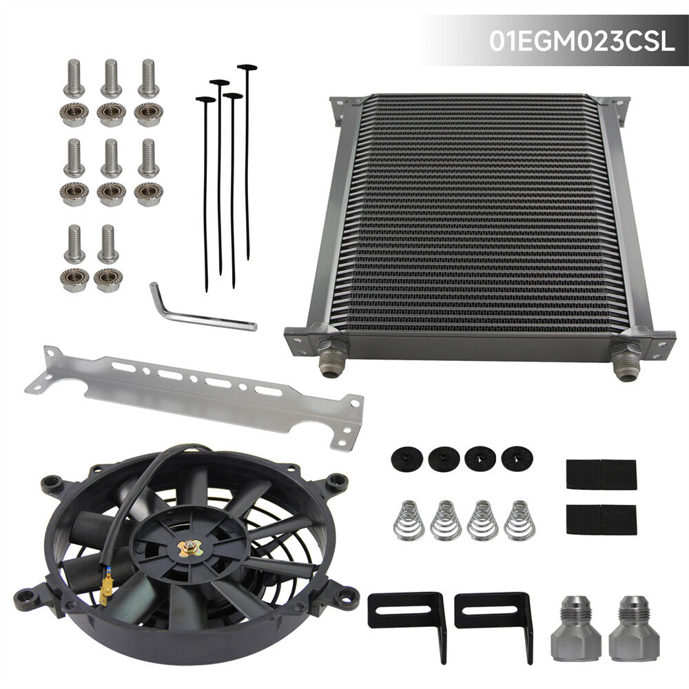 Universal 40 Row AN10 Engine Oil Cooler w/AN10 To AN8 Fittings + 7 Fan Silver