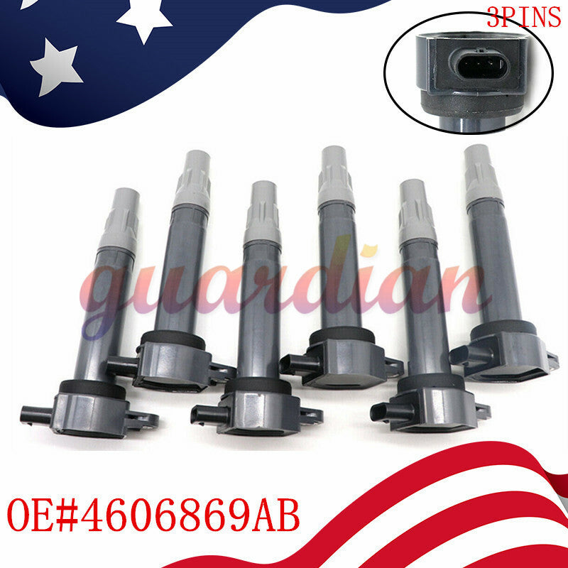 Ignition Coils 6-Piece Kit, Black, UF502, for Chrysler for Dodge 2.7L, 3.5L, and 4.0L engines. (4606869AB)