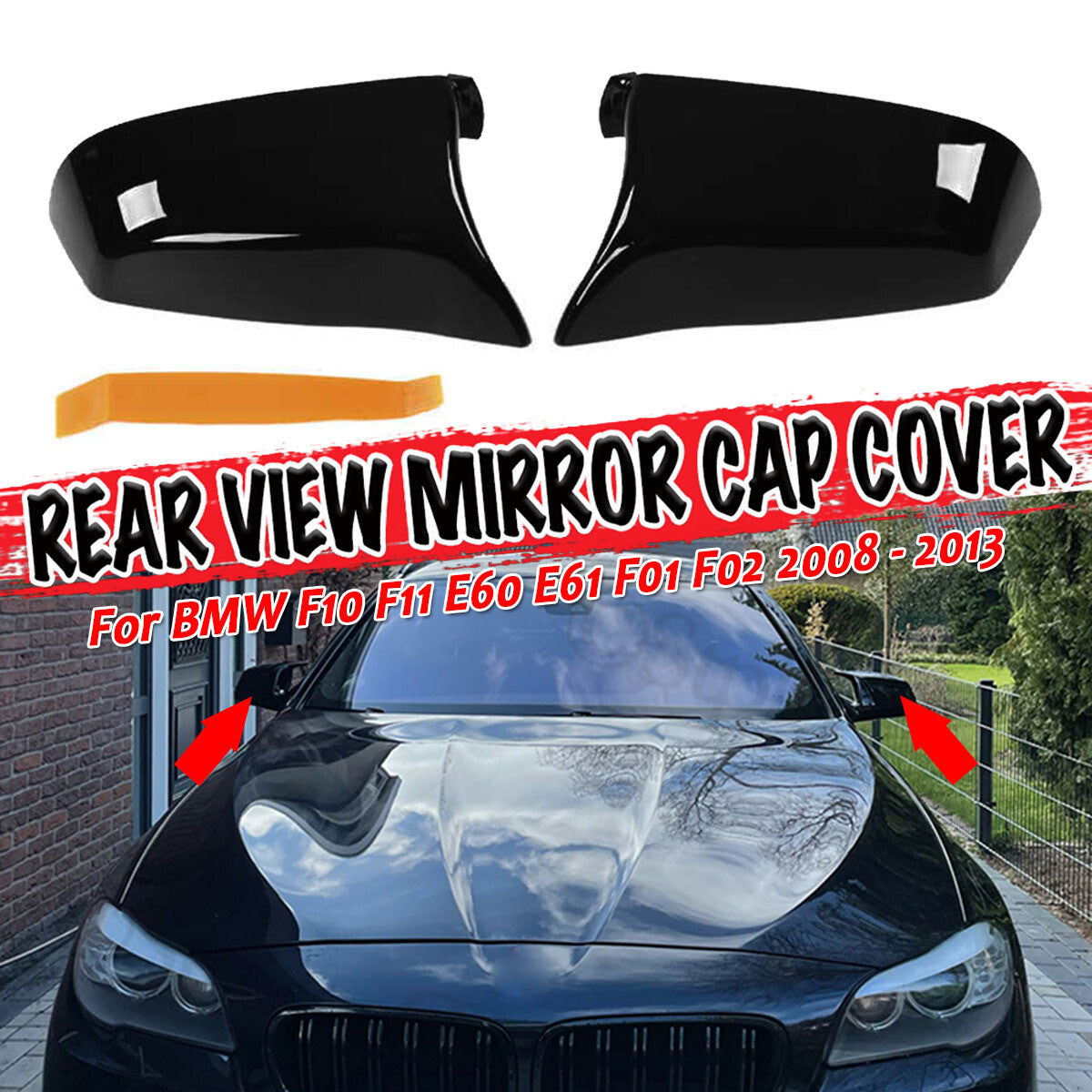 A pair of glossy black mirror-finish protective cases, Model M, suitable for BMW 5 Series, 6 Series, E60, F10 (2008-2013).