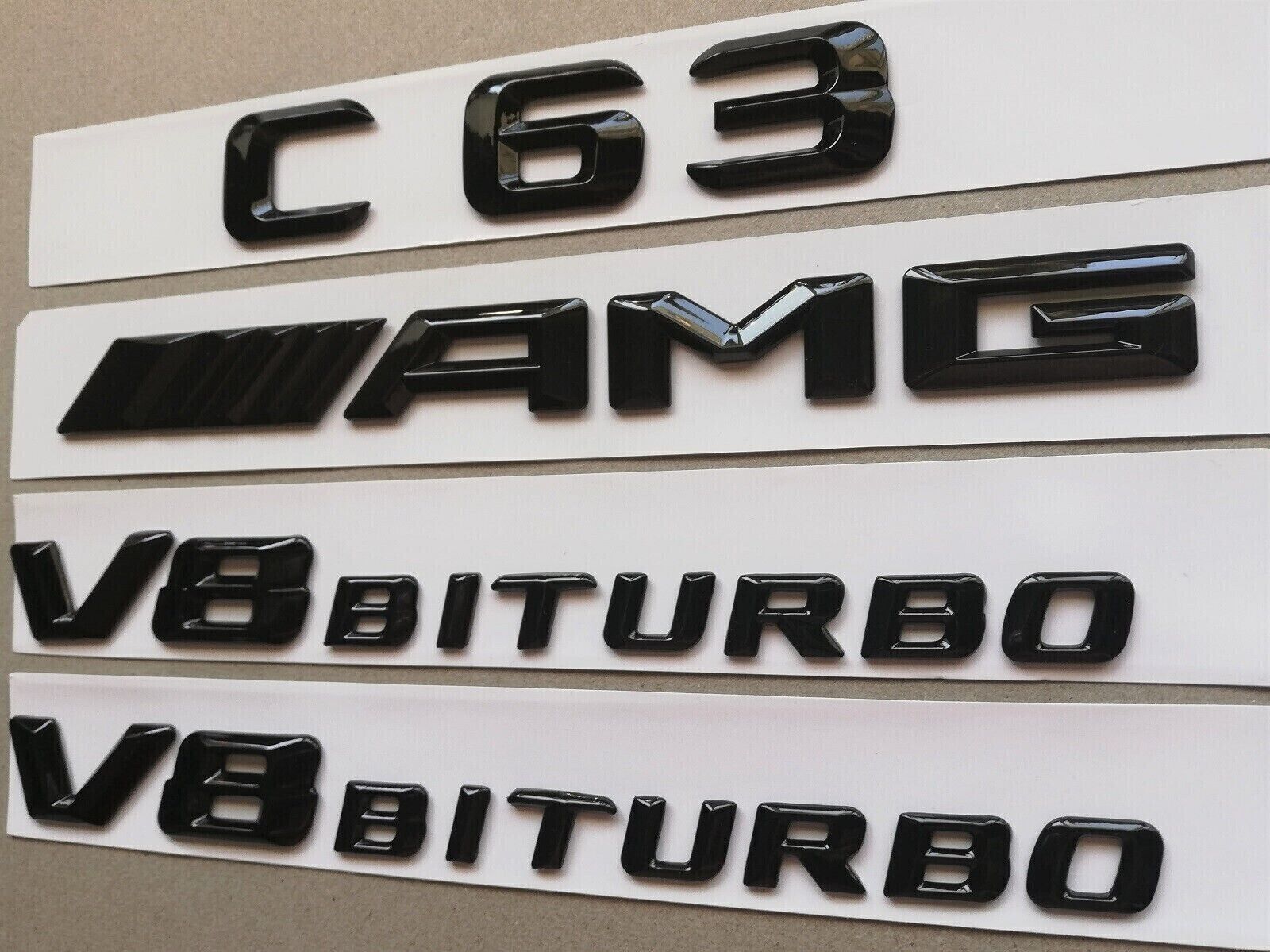 1Set GLOSS BLACK for MERCEDES C CLASS C63 AMG REAR BADGES  V8 BITURBO EMBLEMS