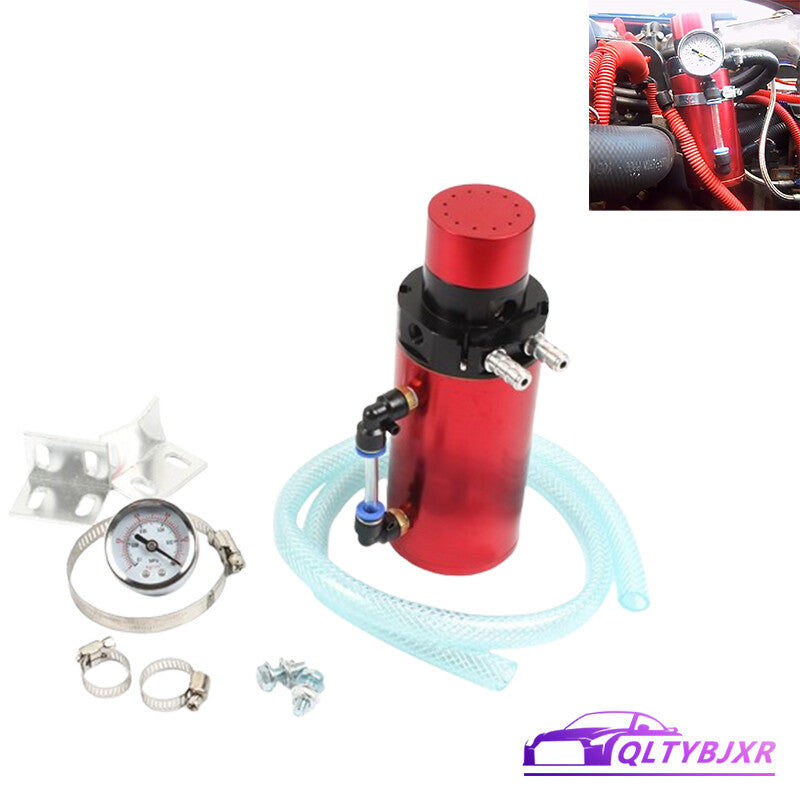 7 X 2.5 Aluminum Engine Oil Catch Reservoir Breather Tank/Can+ Gauge Red