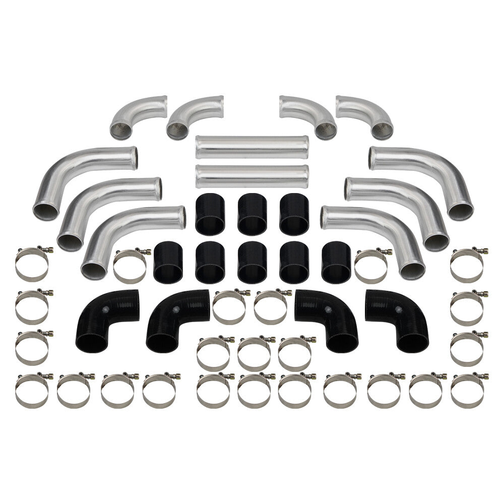 12Pcs 2.5 Polished Intercooler Black Piping Silicone Coupler Bolt Clamp Kit