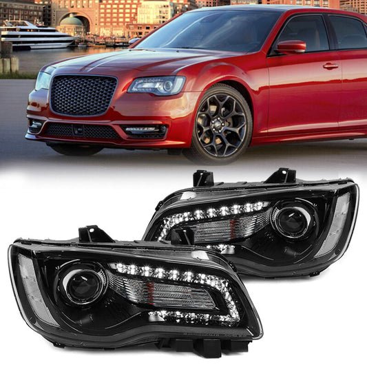 For 2015-2023 for Chrysler 300 Halogen LED DRL Projector Headlights Headlamps Black