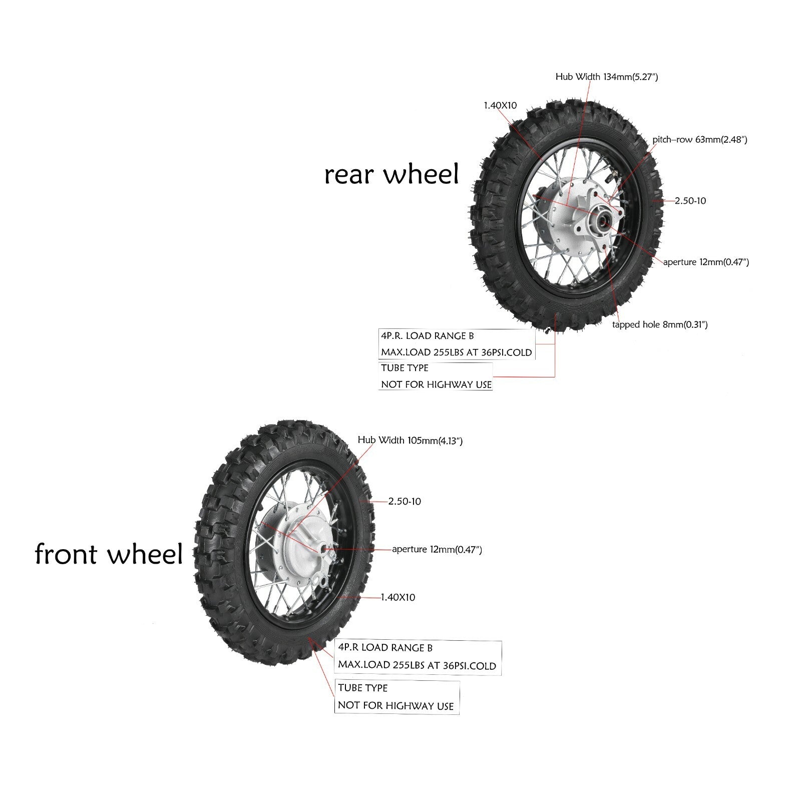 2.50 - 10 Front and rear tires, rims, 420 sprocket, Fo sprocket, for Honda CRF50 XR50 Dirt bicycle SSR