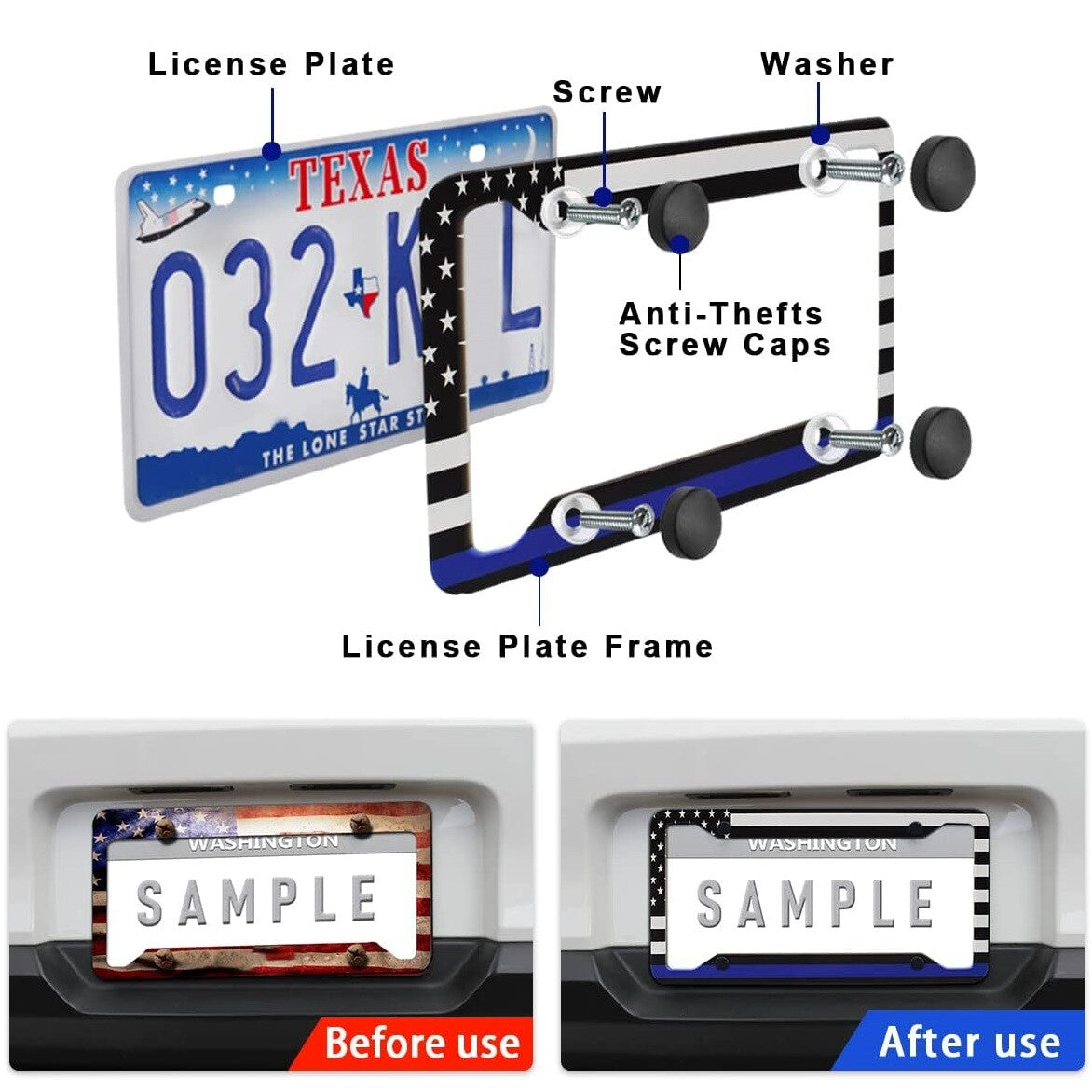 2 for BMW M3 M4 M5 M6 US Flag Patriotic Car License Plate Frame Front Rear Cover