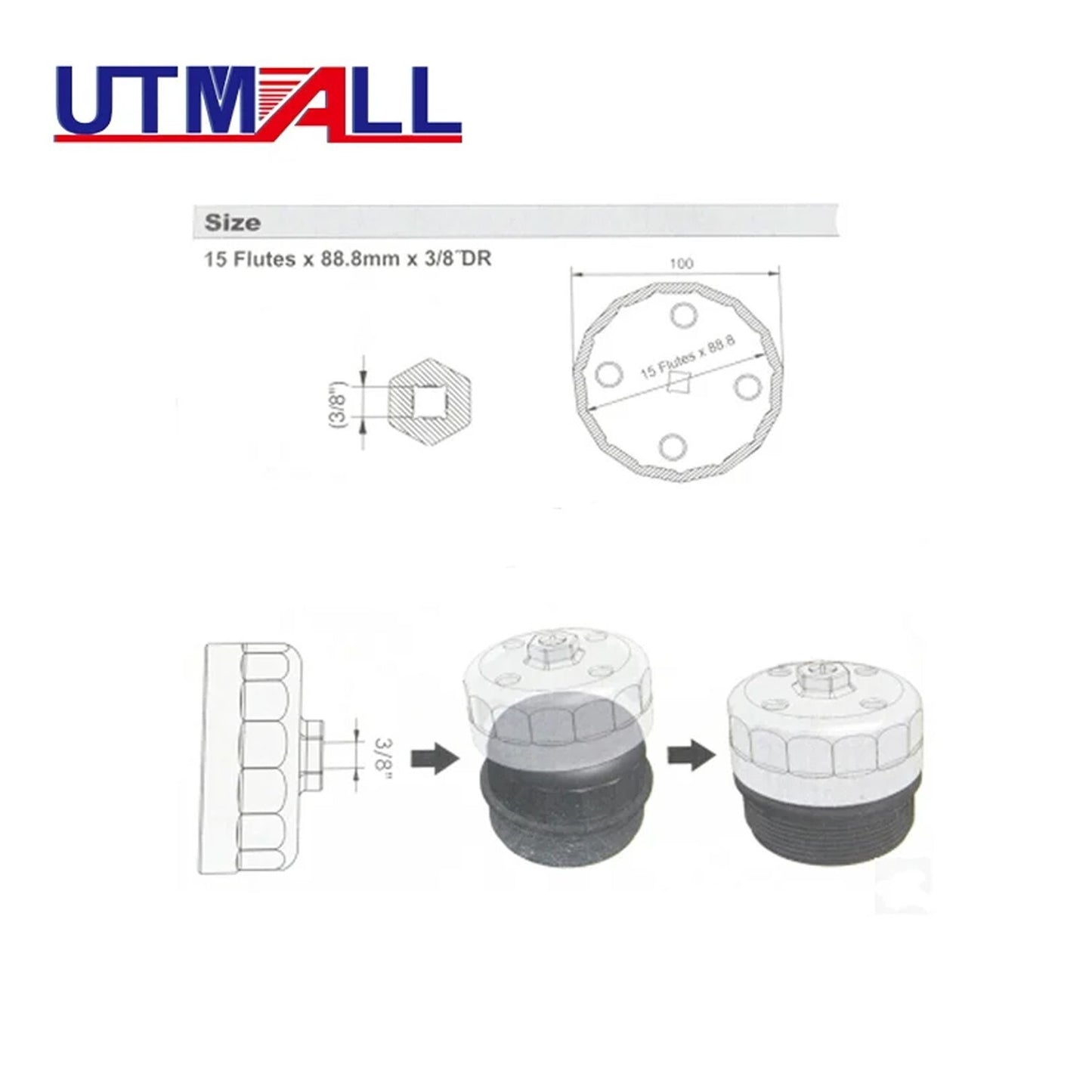 Suitable for Hyundai for Kia oil filter cap wrench 88.5 mm 15 flute 3/8 drive