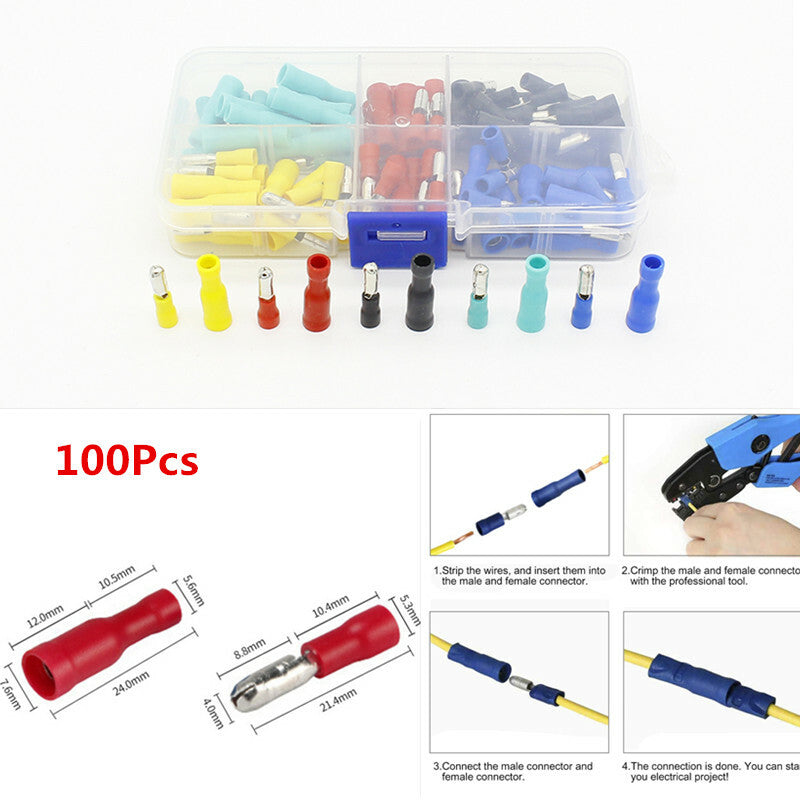 100Pcs Car Wire Connector Crimp Terminals Insulated Bullet Butt Terminals Kit