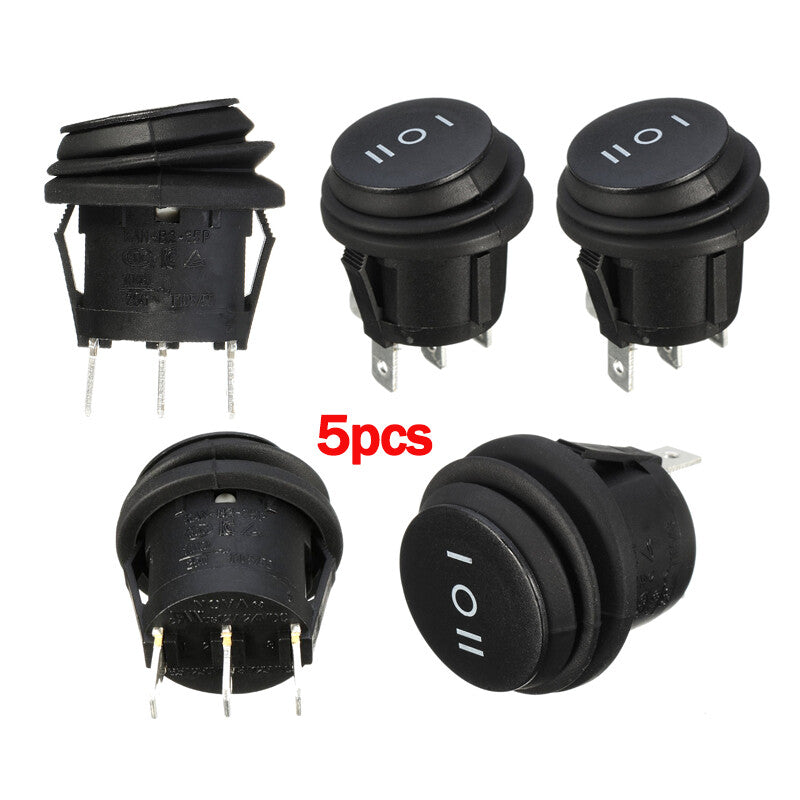 5-piece set of 3-position waterproof round rocker switches (6A/250V, 10A/125V AC)