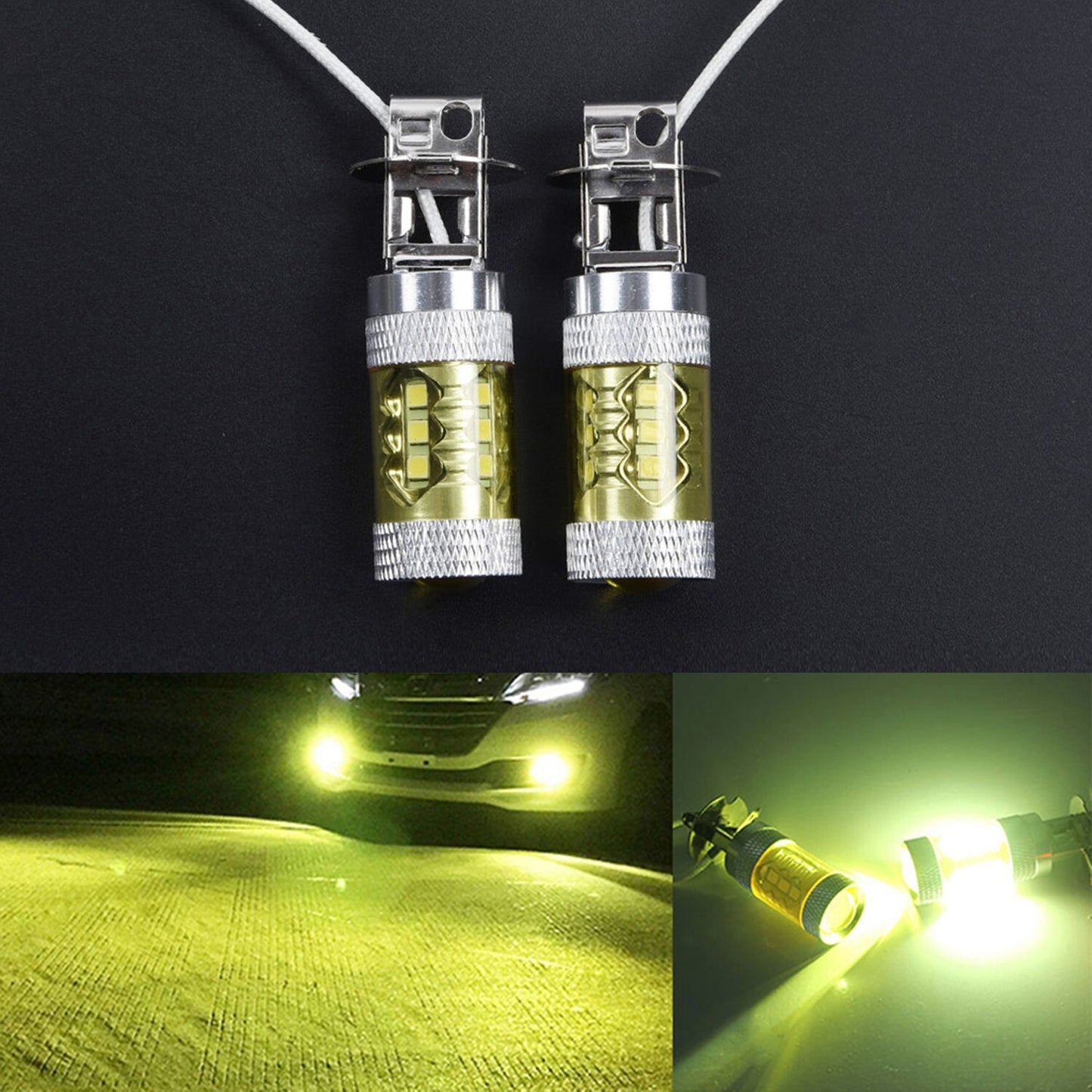 2-Piece Waterproof Car Fog LED Bulbs, Yellow High-Power 12-24V H3 80W 16