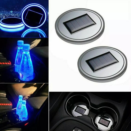 LED Solar Cup Pad Light Cover Car Accessories Interior Decoration Lights Blue x2