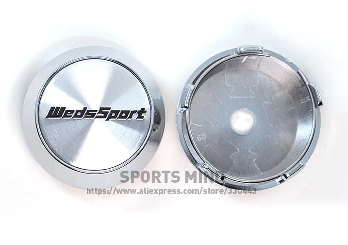 4-piece set of 60mm Weds Sport chrome alloy wheel center caps, wheel cap badges, TE37