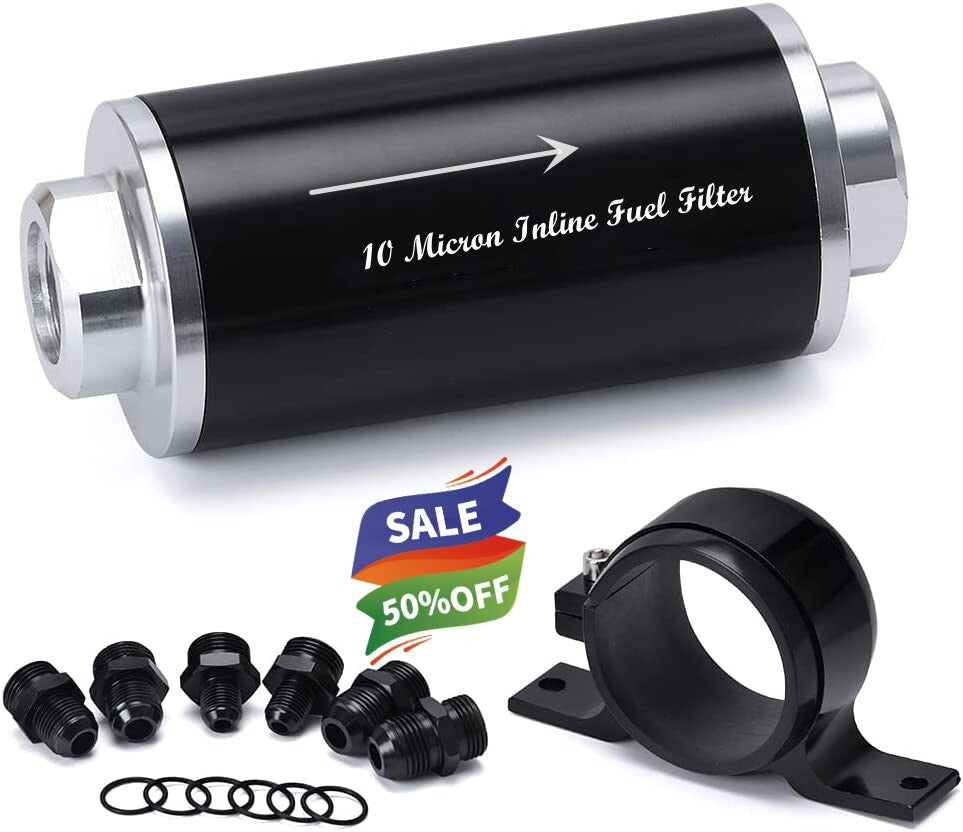 10-micron direct-flow fuel filter with 6AN, 8AN, and 10AN adapters; universal 3/8 fuel line.