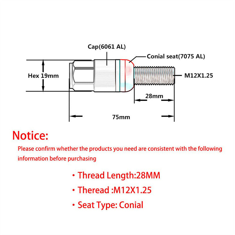 M12x1.25 Wheel Lug Bolts 20pcs Cone for Seat Studs 28mm Shank for Jeep for Chrysler Gold