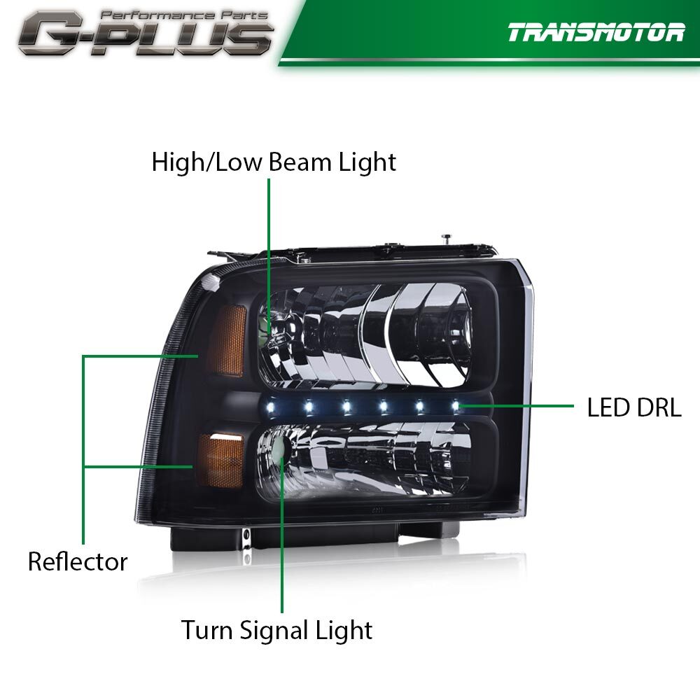 Suitable for 05-07 F250 F350 F450 F550 Super Duty LED DRL headlights in black.