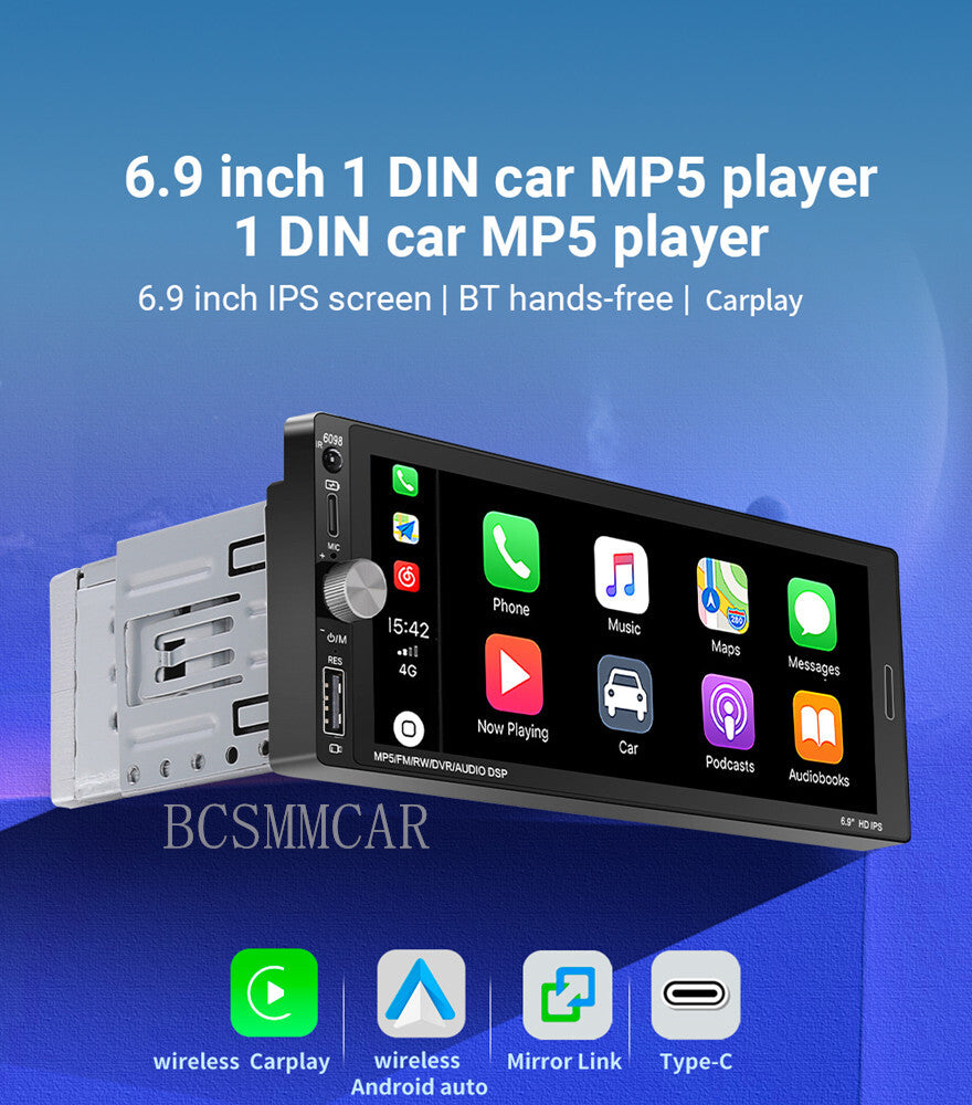 Car Stereo Radio Touch Screen 1Din Audio Video For Apple Carplay W/Free Cam