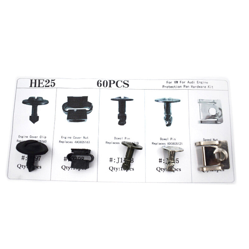60-piece US Automotive Engine Protector Disc Hardware Kit with Pin Clamps, Nuts, and Decorative Parts