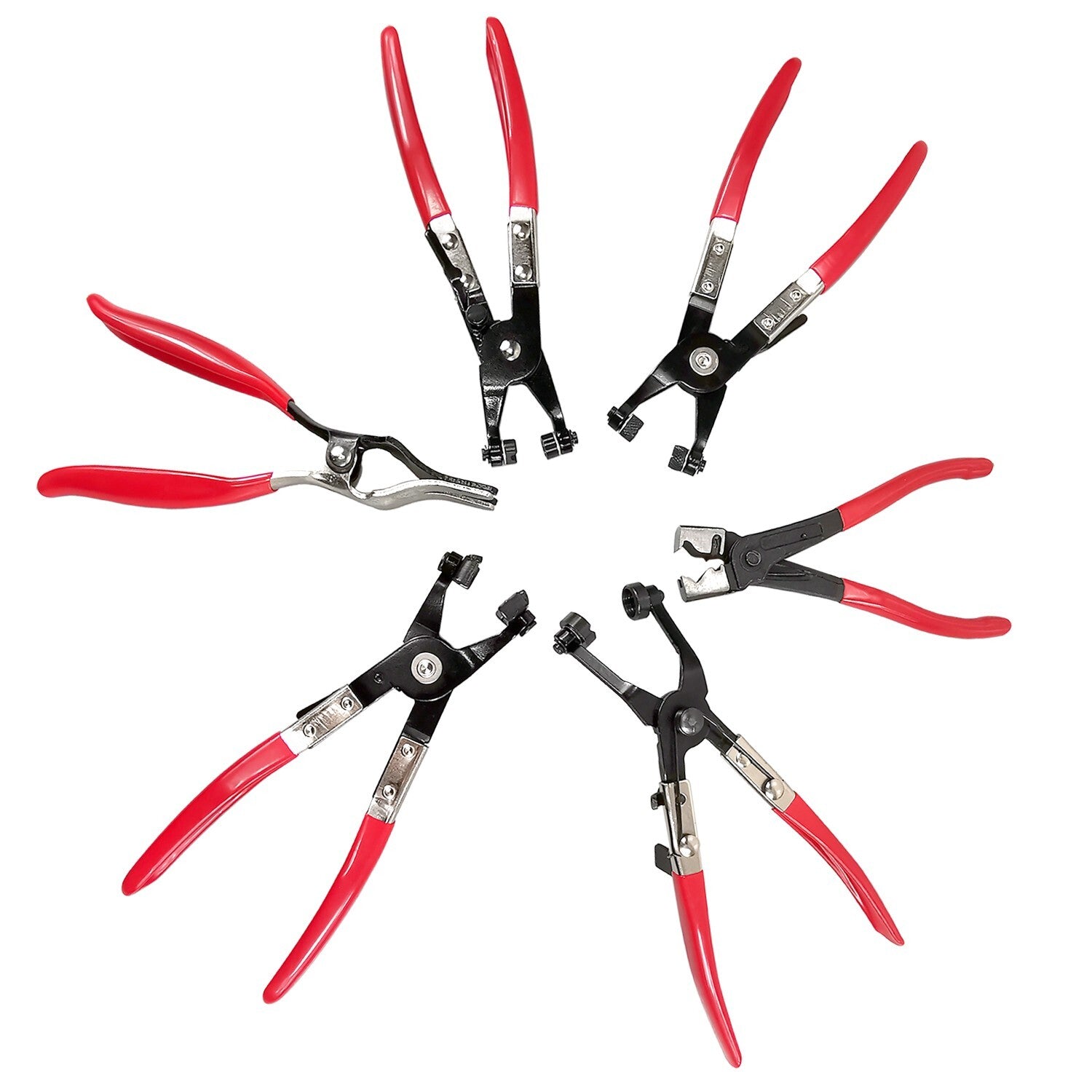 9-piece set of automotive fuel and water hose installation tools, flexible locking hose clamps and pliers.