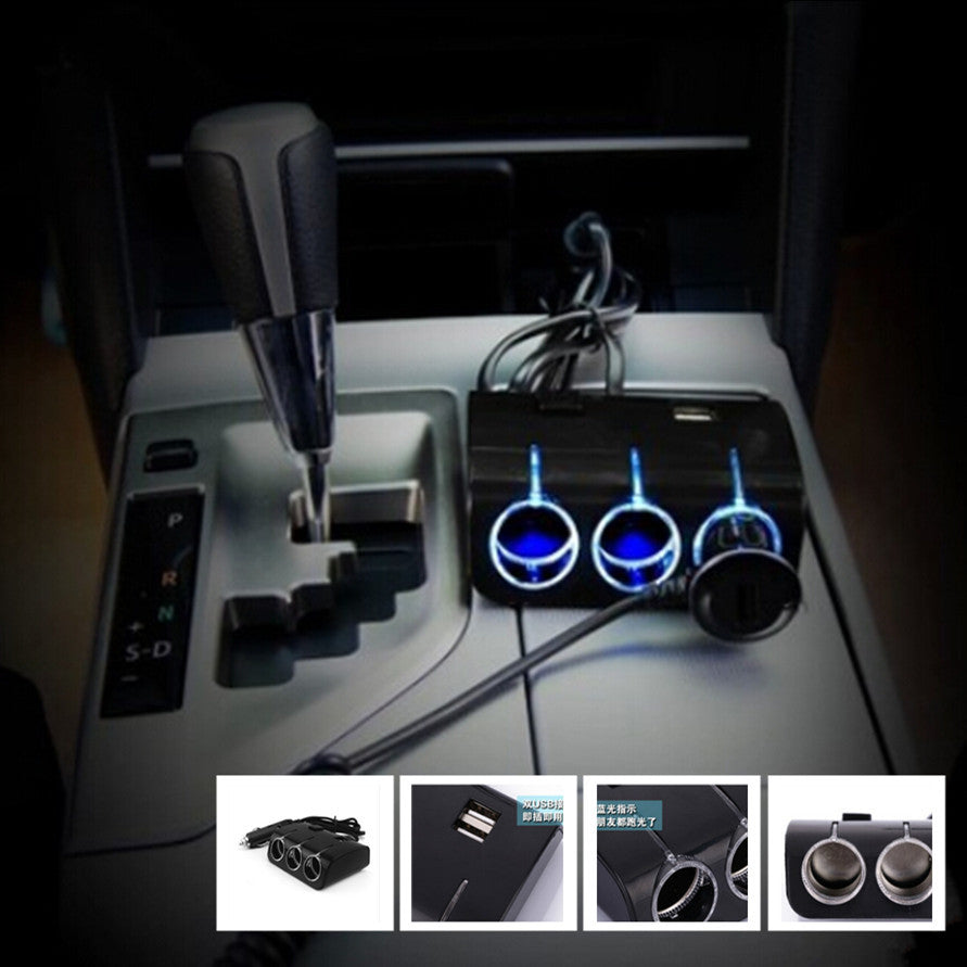 Car Black Charger Adapter 2 USB Port Adapt 3 Way Cigarette Lighter Power Socket