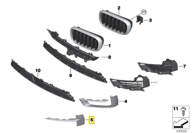 1 Pair New for BMW X5 F15 Front Bumper Pure Black Excellence Chrome Grill 7325395