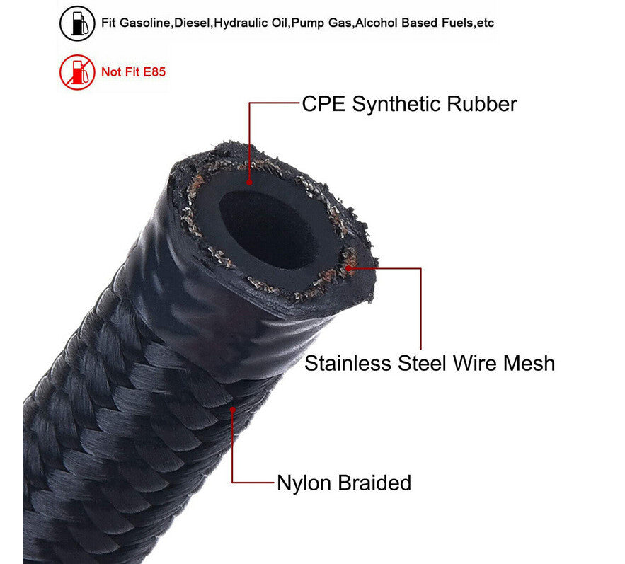 AN10- 10AN Fitting Stainless Steel Nylon Braided Oil Fuel Hose Line 10FT Kit Blk