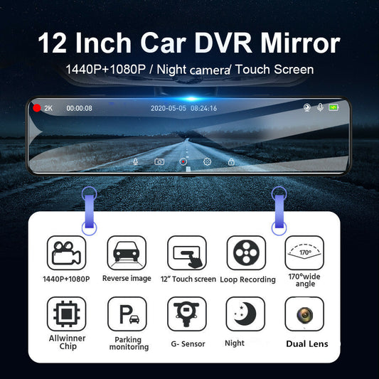 Car 12 Inch Stream Media Mirror 2K Video Recorder Registrar Rear View Camera DRV