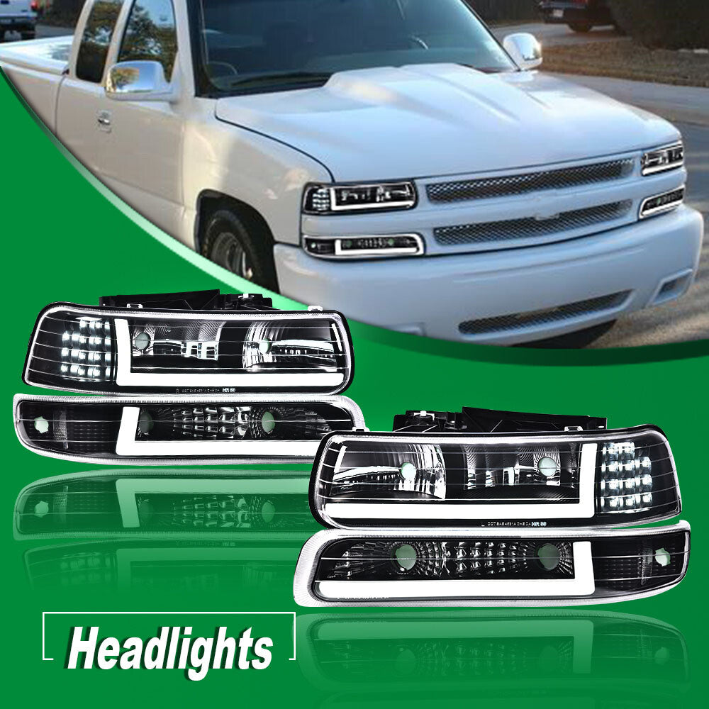Clear/black LED tube DRL headlights and fog lights suitable for 99-06 Silverado/Suburban