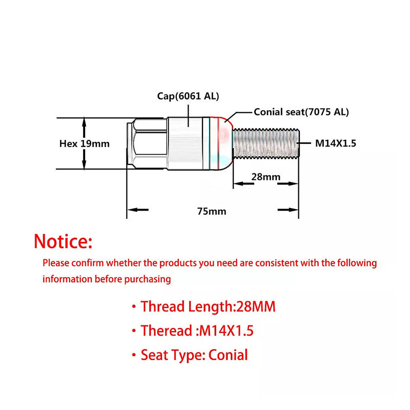 20PCS 28mm M14x1.5 Wheel Lug Bolts Cone for Seat Studs Set for Most Aftermarket Red