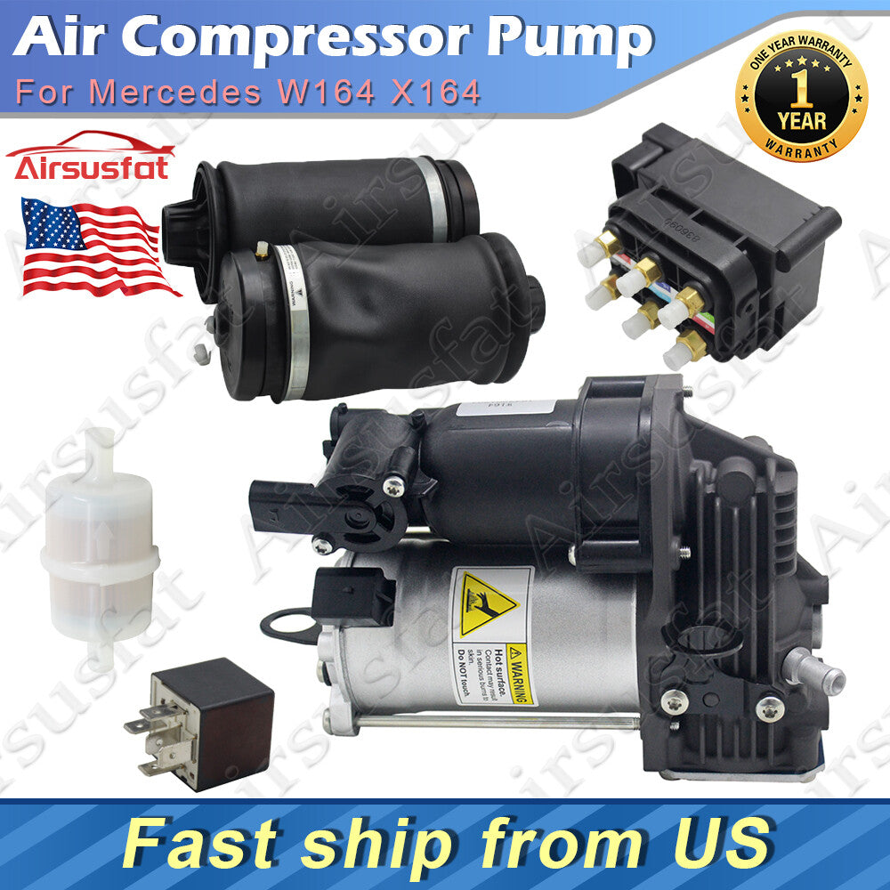 2x Rear Air Spring Bags+Air Pump+Air Filter+Valve Block for Mercedes W164 X164