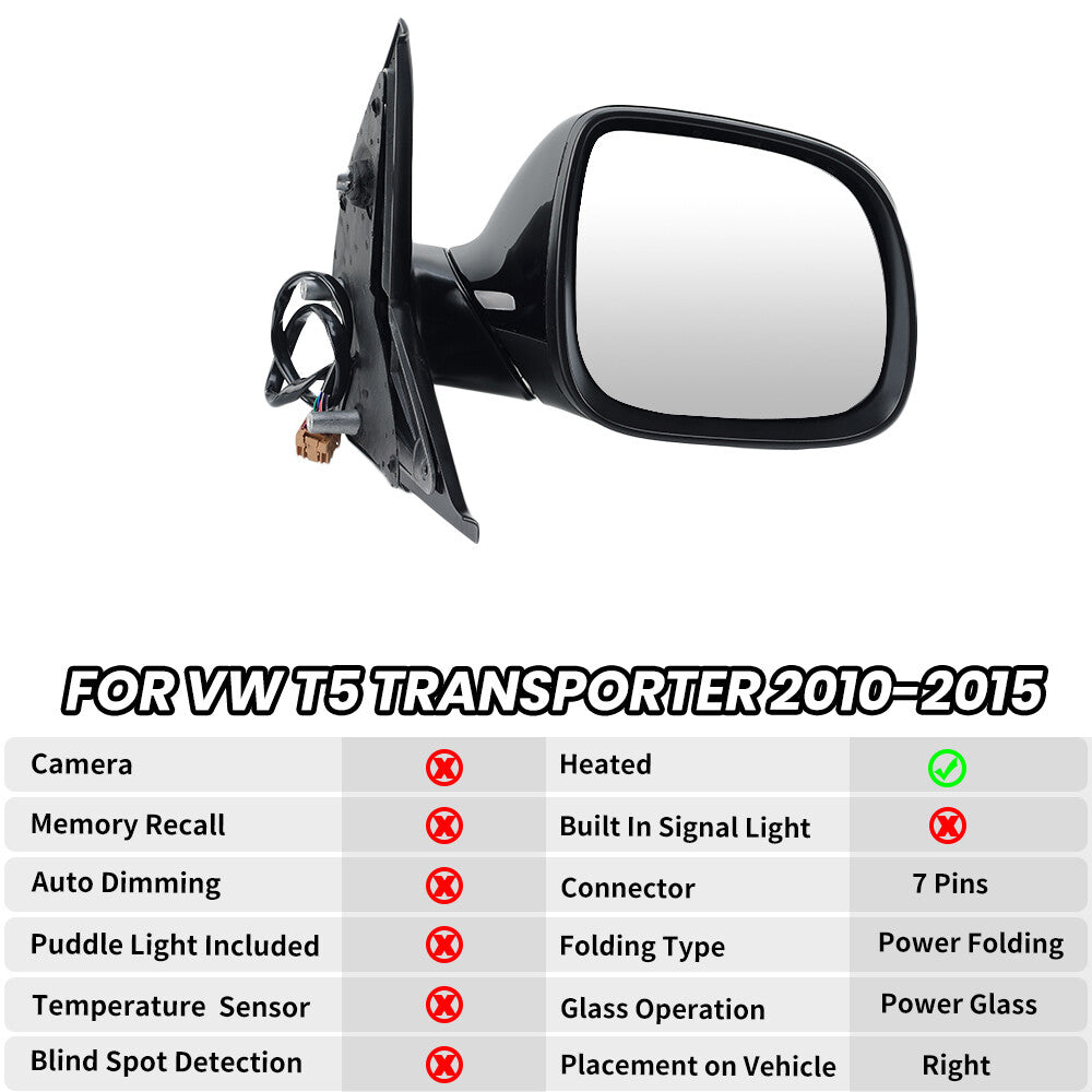 F¨¹r for VW T5 Transporter 2010-2015 Au?enspiegel R¨¹ckspiegel Schwarz Rechts 7 Draht