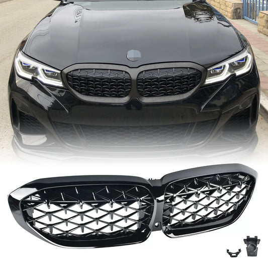For 2019-2022 for BMW G20 330i M340i Front Kidney Diamond Grille Glossy Black Grill
