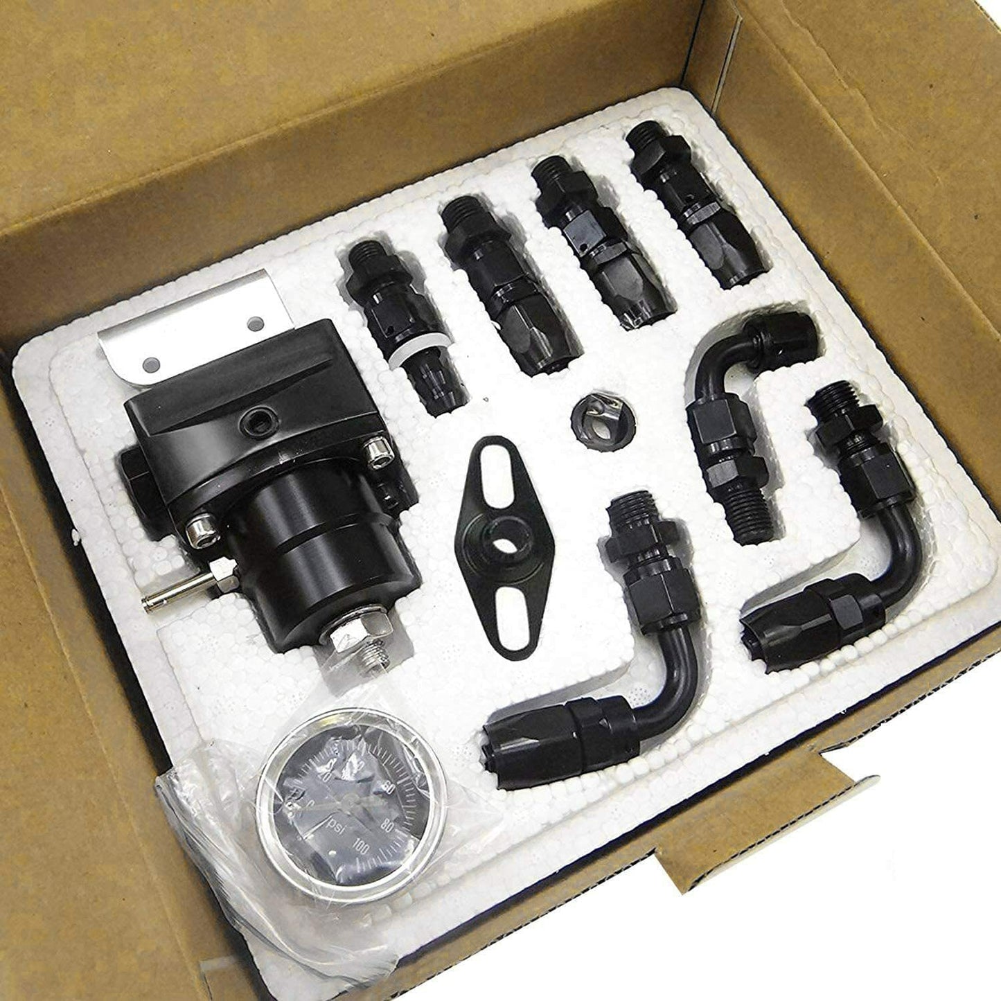 Universal 0-100 Psi Gauge -6AN Black Adjustable Fuel Pressure Regulator Kit