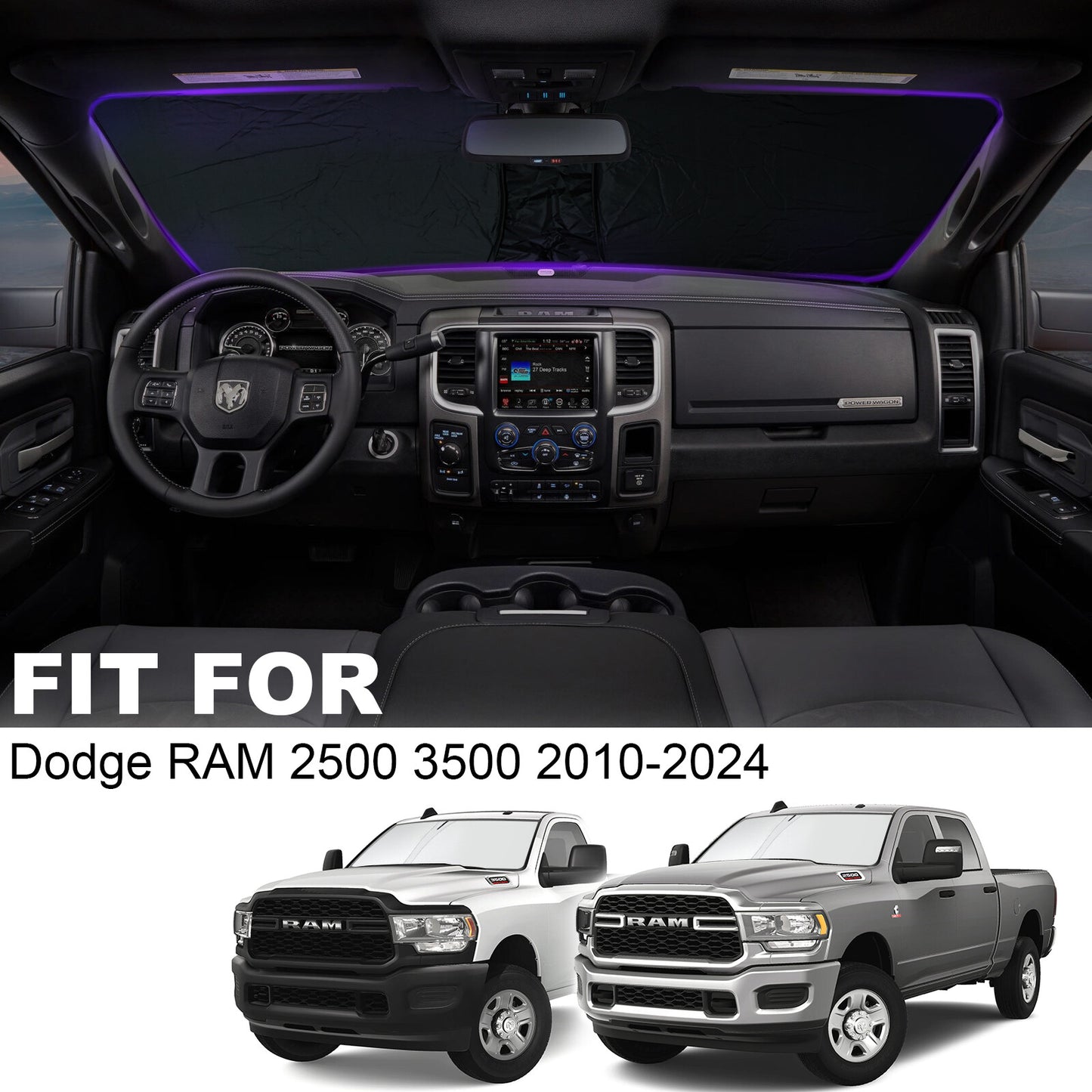 For 2010-2024 for Dodge for Ram 2500 Cab Windshield Sun Shade Heat Block Foldable Cover