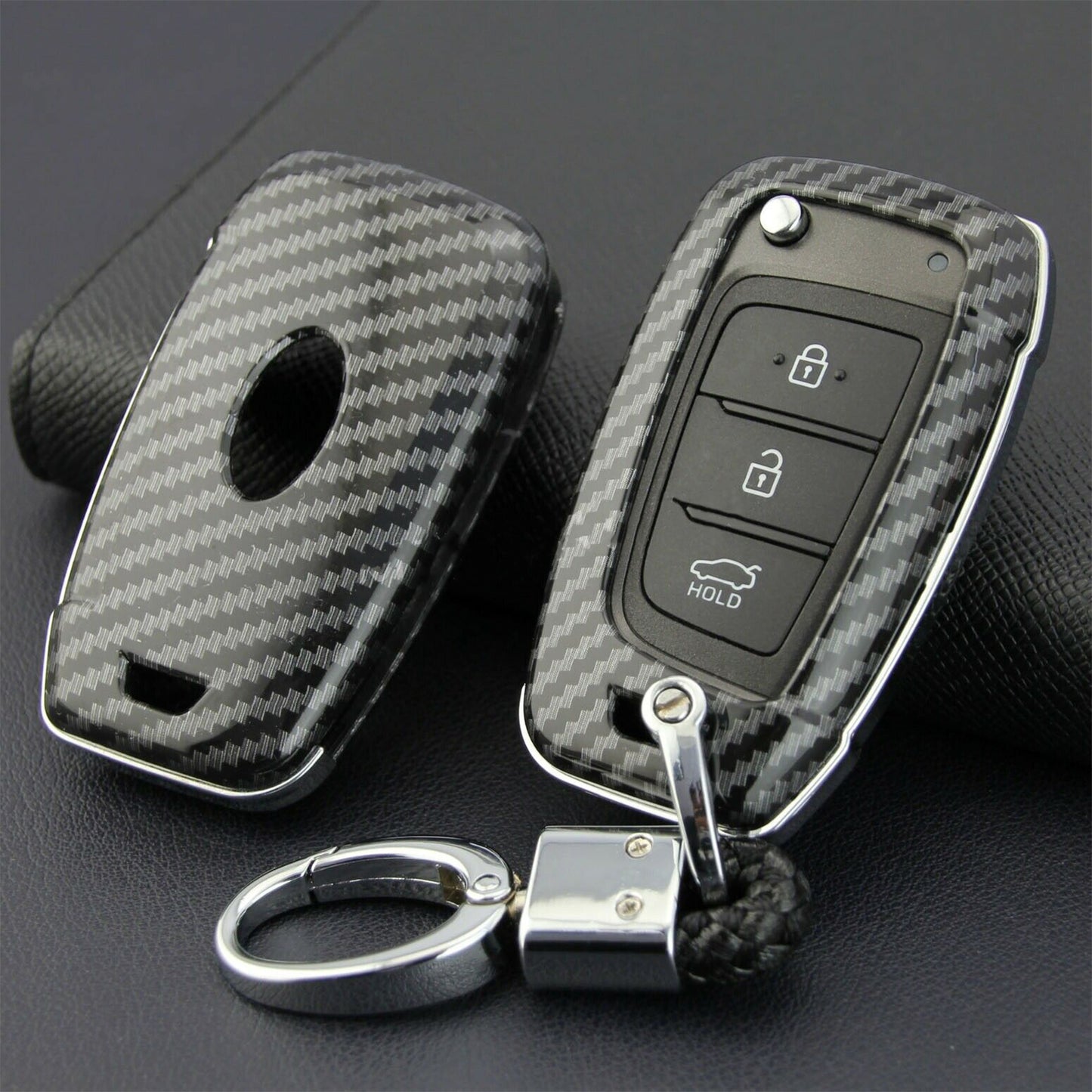 Carbon Fiber Flip Key Cover Case Chain for Hyundai for Elantra Santa Fe Accent