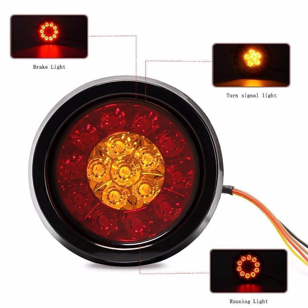 2x 4Inch Round Red/Amber 16 LED Truck Trailer Brake Stop Turn Signal Tail Lights