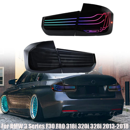 RGB LED taillights compatible with for BMW 3 Series F30, F80, 318i, 320i, and 328i (2013-2018).