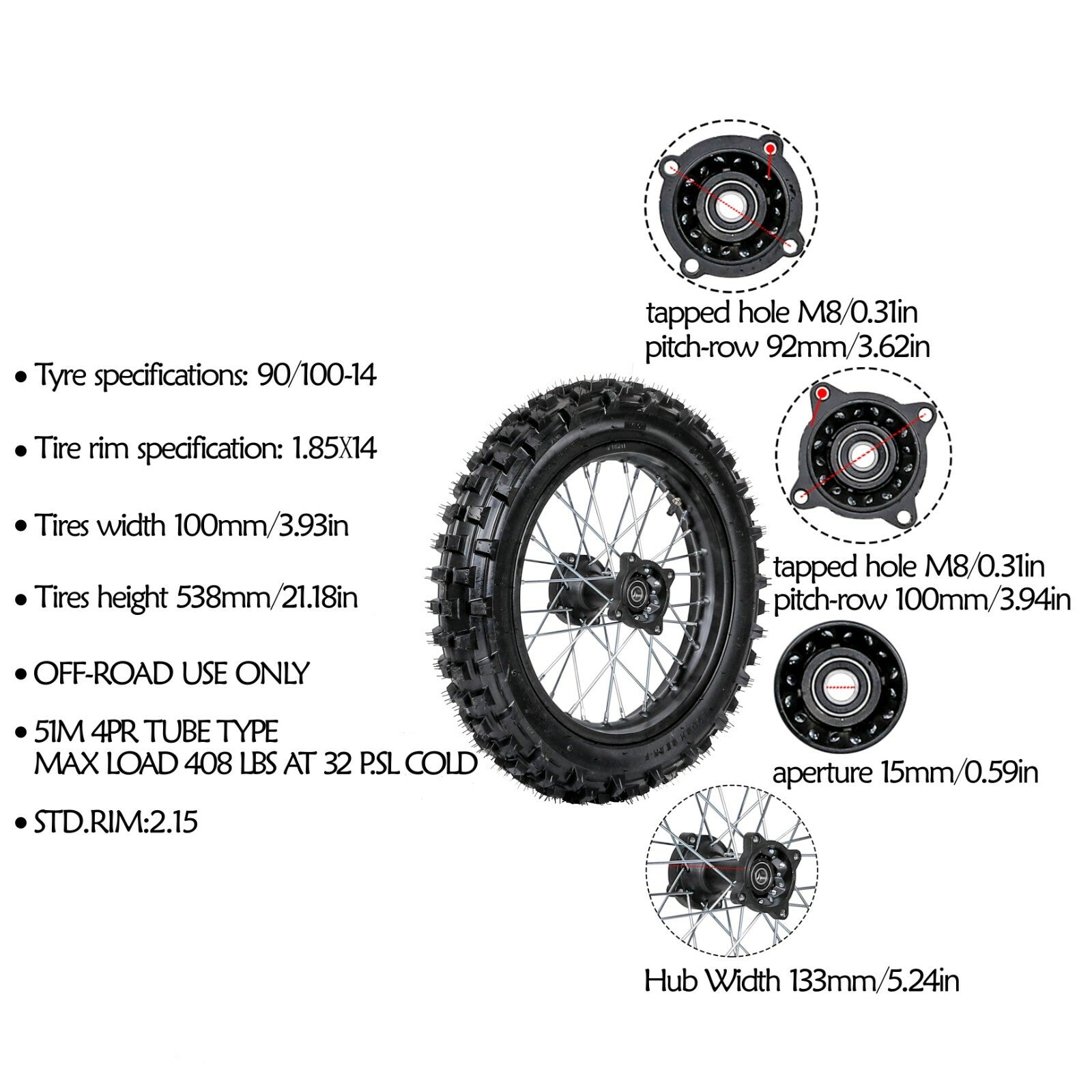 1.85x14 14-inch rear wheel, 90/100-14 tire and rim, suitable for bicycles from Taodao DB17, CRF70, and Apollo X18.