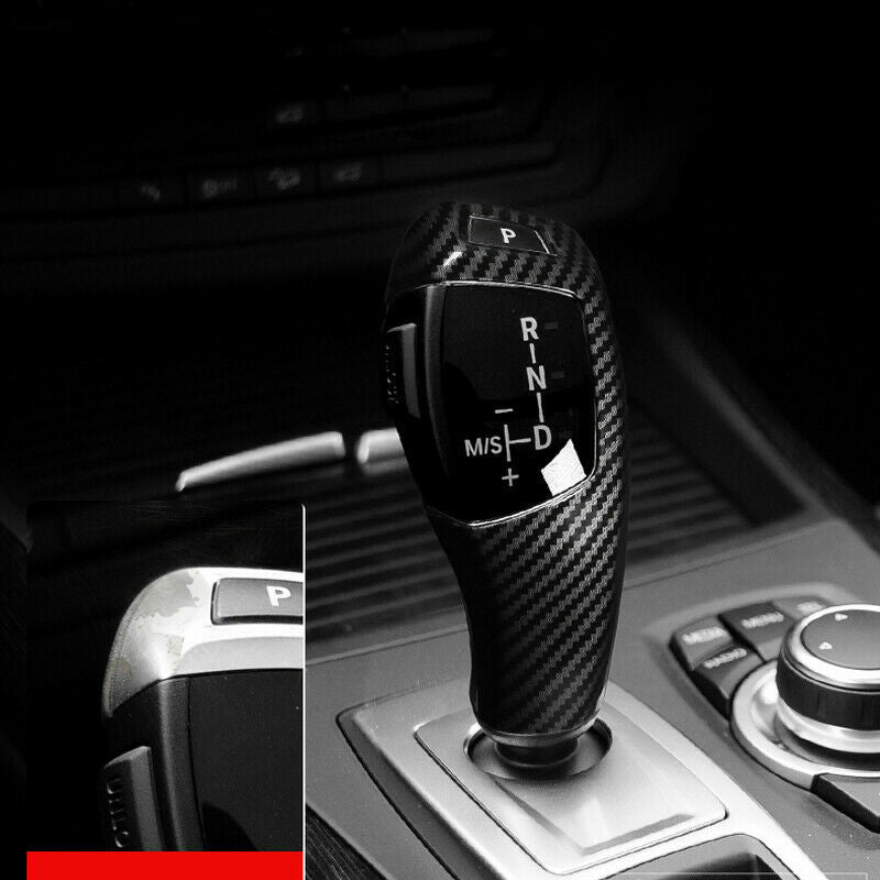Carbon fiber Look Gear Shift Knob protective case fits for BMW X5, X6, E70, and E71 (2008-2018).