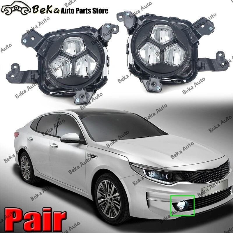 A pair of LED front bumper fog lights for Kia K5 Optima 2015, 2016, 2017, and 2018 LHRH models.