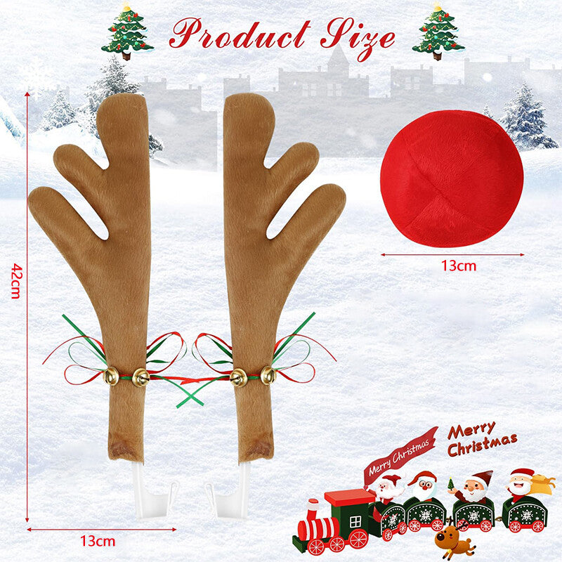 3Pcs Antlers And Red Nose Reindeer Decoration Car Christmas Holiday Light Brown