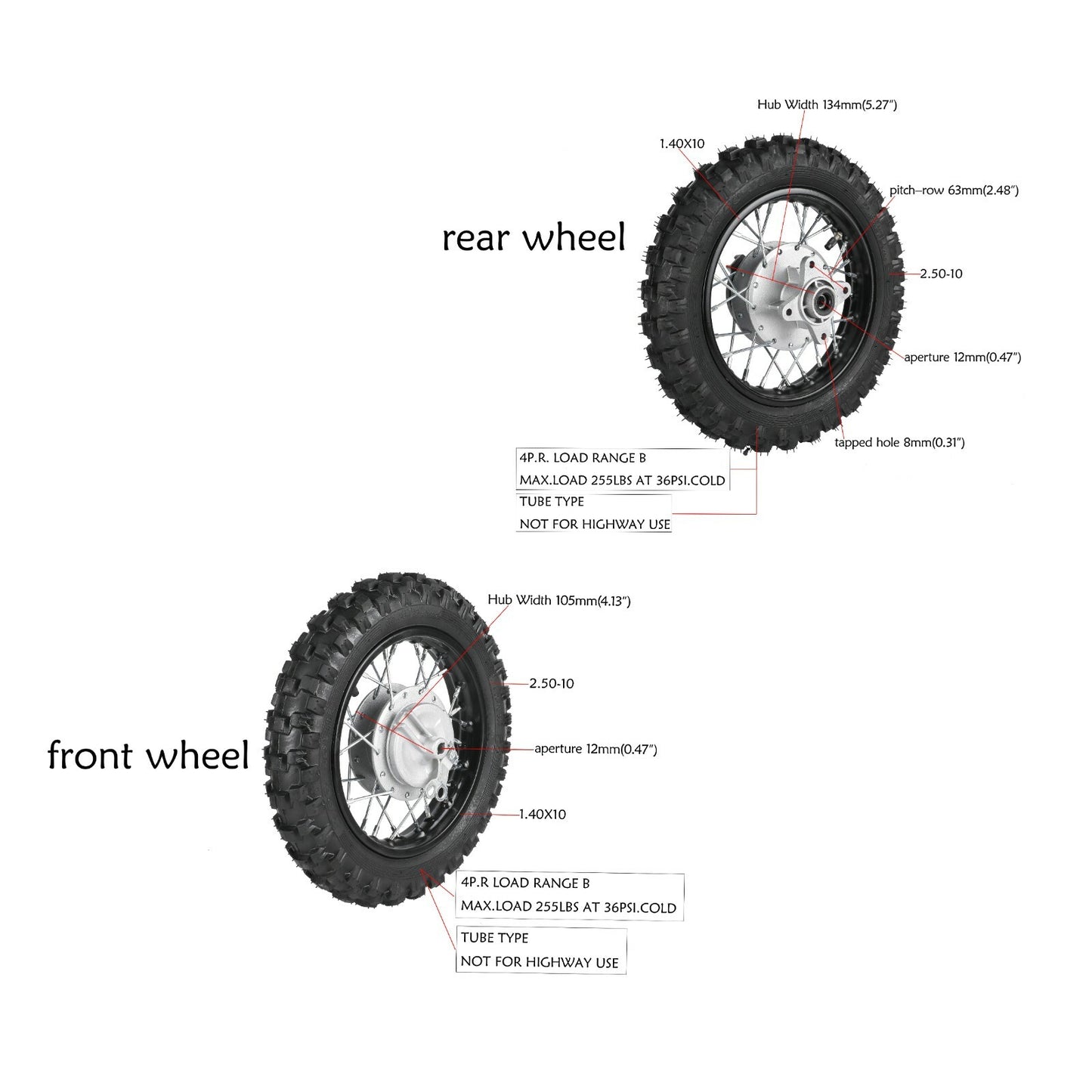 2.50-10 Front and rear tire rims 1.4x10 for Honda CRF50 XR50 Pit bicycle SSR 70cc