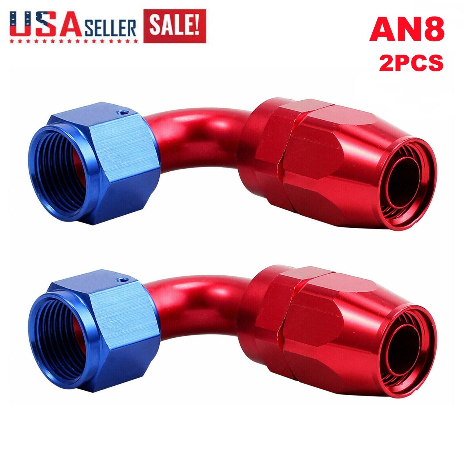 Red and blue AN8 90-degree swivel hose end adapter for fuel CPE hoses US