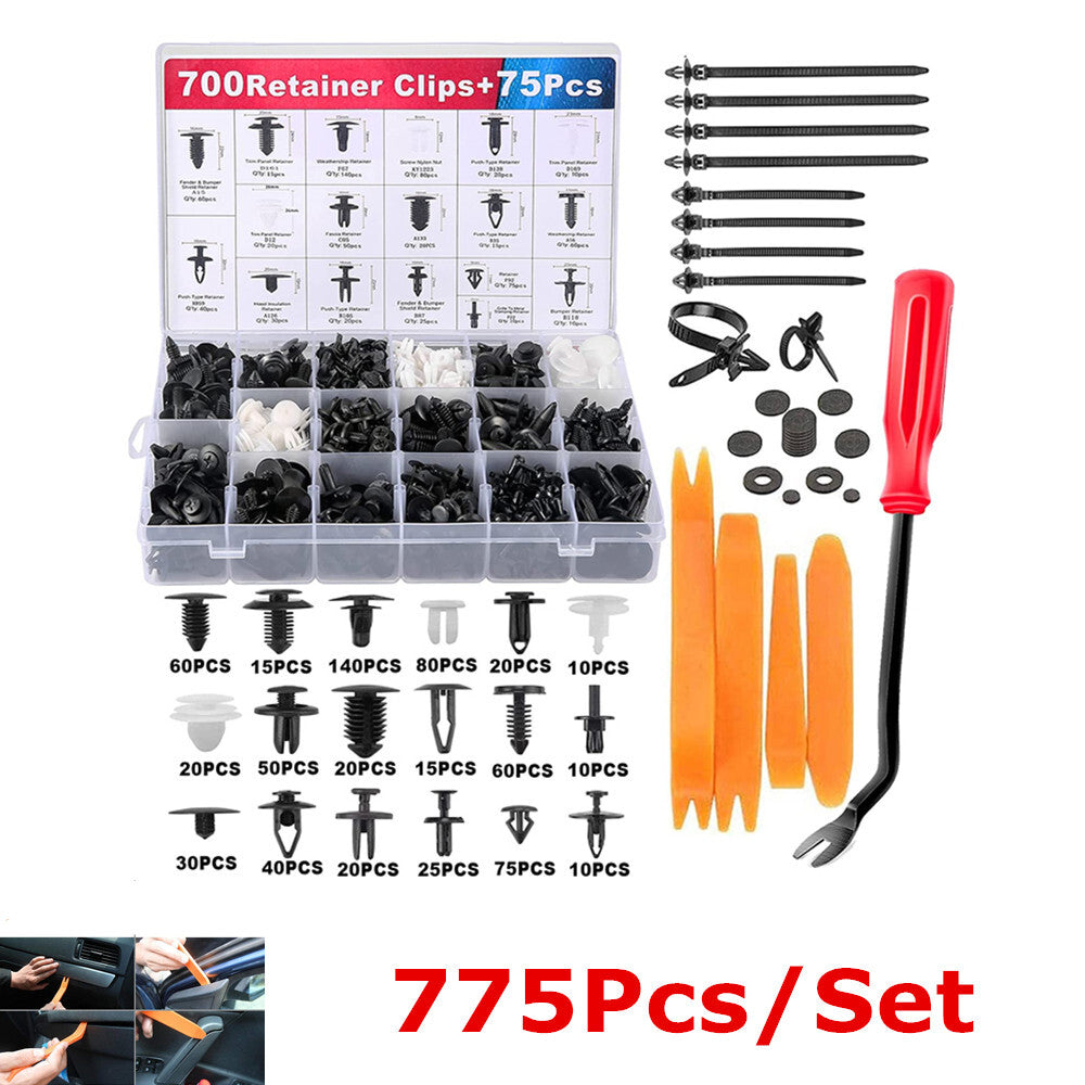 775-piece pack of automotive side skirts, rivet panels, fasteners, and universal clamping molds