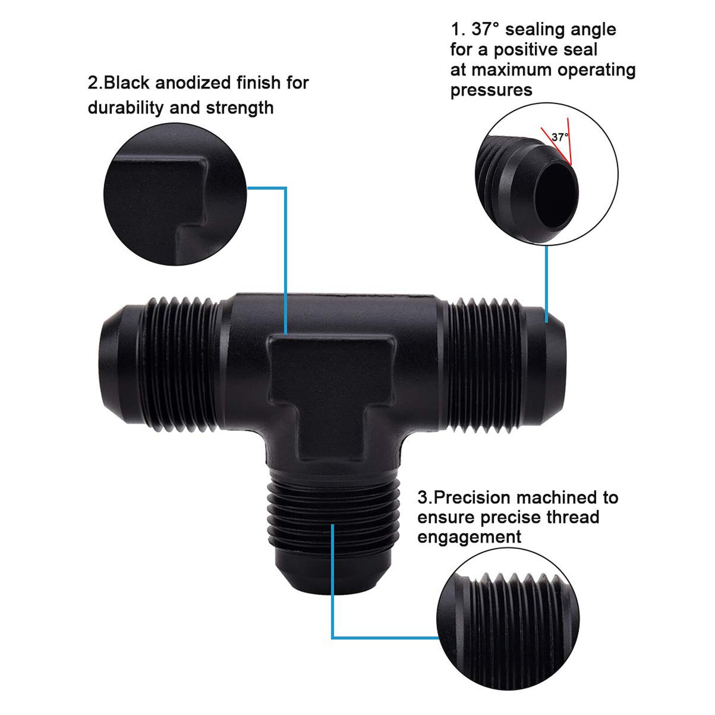 3-Way Tee T-Piece Fitting Adapter AN8 8-AN Male to 2X AN8 8-AN Male BLACK