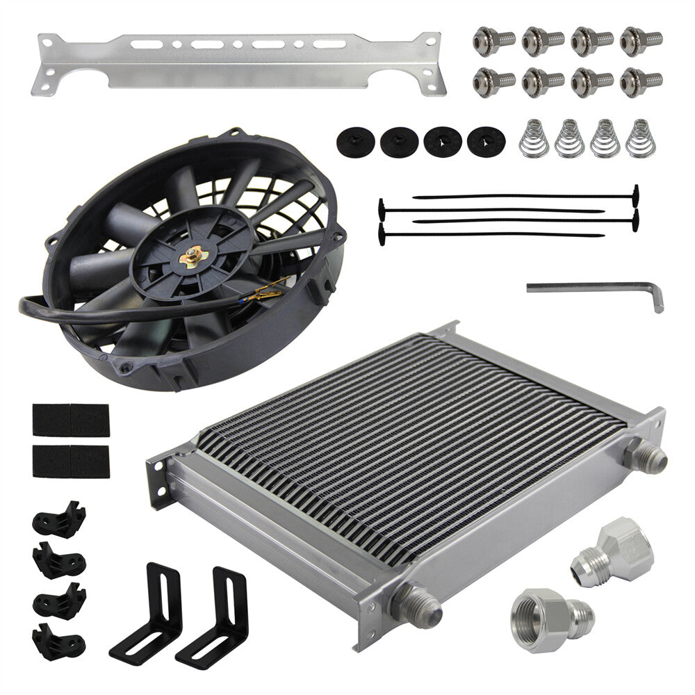 Universal 30 Row AN10 Engine Oil Cooler w/AN10 to AN8 Fittings + 7 Fan Silver