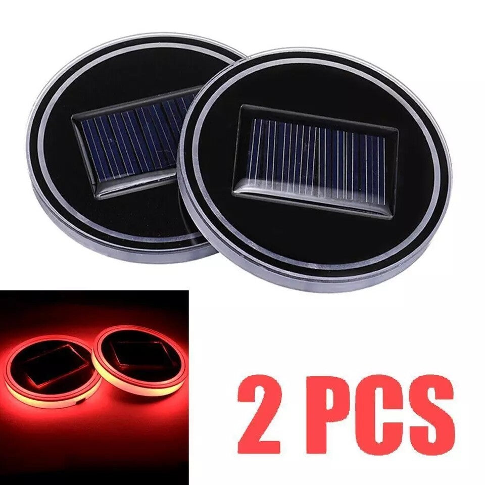 Red LED Solar Cup Pad Car Interior Parts Cover Decoration Light Auto Accessories